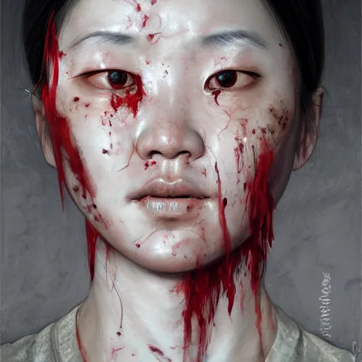 Prompt: portrait painting of a bloodied north korean female butcher, ultra realistic, concept art, intricate details, eerie, highly detailed, photorealistic, octane render, 8 k, unreal engine. art by artgerm and greg rutkowski and alphonse mucha