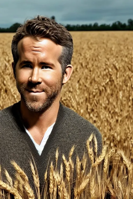 Image similar to ryan reynolds with hair of wheat field, photorealistic