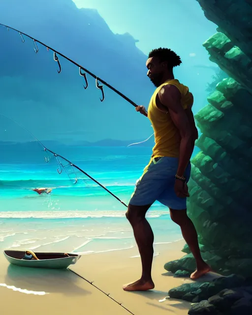 Image similar to a 3 0 - year old athletic and beautiful male jamaican, fisherman, modern clothing, magical fishing rod weapon, ocean background, unreal engine, fantasy art by greg rutkowski, loish, rhads, makoto shinkai and lois van baarle, ilya kuvshinov, rossdraws, tom bagshaw, global illumination, radiant light, detailed and intricate environment