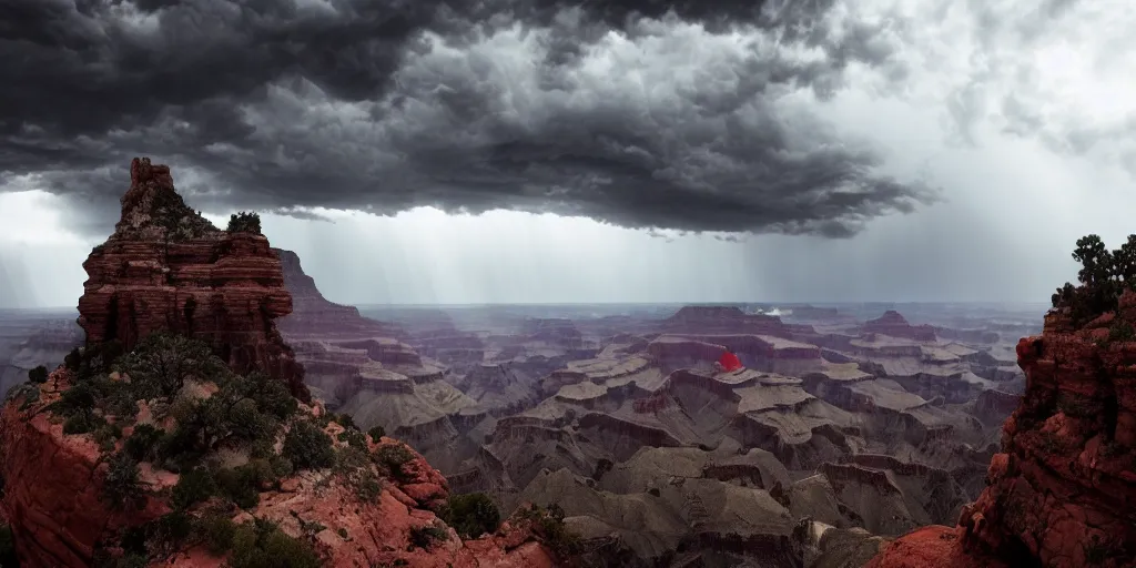 Image similar to dramatic film still of a cathedral by denis villeneuve, vultures, gothic architecture, top of the grand canyon, red rock strata, 24mm angle, studio ghibli and eddie mendoza, atmospheric, stormy, dramatic skies, moody, dark, cinematic, volumetric lighting, 8K