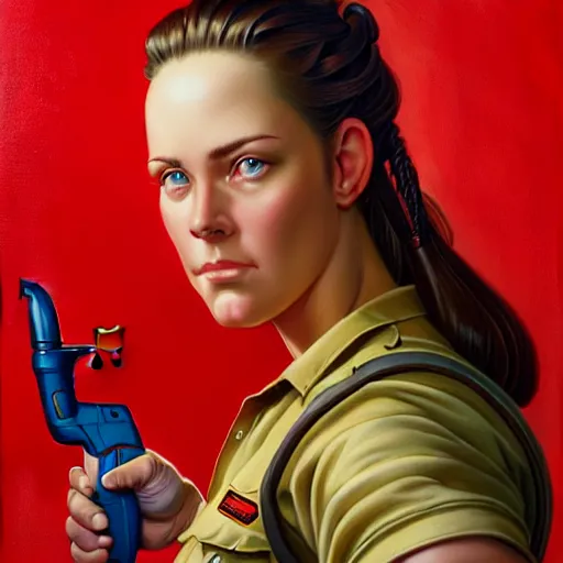 Image similar to epic portrait a slightly muscular woman wearing short sleeved uniform and carrying a red power tool drill, detailed, centered, digital painting, artstation, concept art, donato giancola, Joseph Christian Leyendecker, WLOP, Boris Vallejo, Breathtaking, 8k resolution, extremely detailed, beautiful, establishing shot, artistic, hyperrealistic, beautiful face, octane render