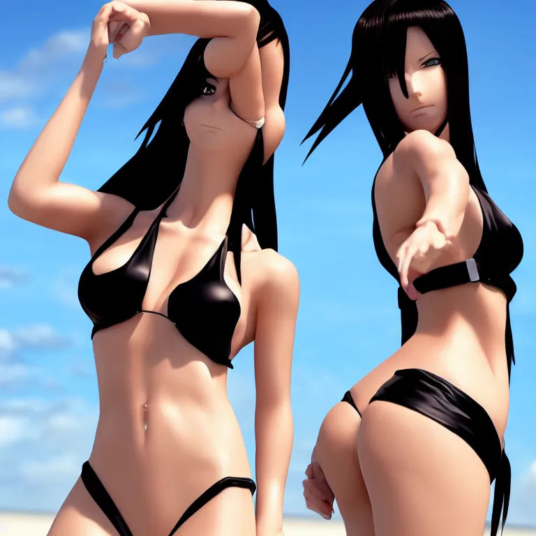 Image similar to tifa lockheart on a beach in an black bikini, realistic, model shot, anime style, anime eyes, dslr photo