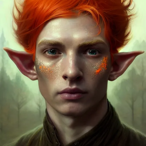 Image similar to portrait painting of an elven eladrin young man with short light orange hair and freckles and tree tattoos on his cheekbones, ultra realistic, concept art, intricate details, eerie, highly detailed, photorealistic, octane render, 8 k, unreal engine. art by artgerm and greg rutkowski and charlie bowater and magali villeneuve and alphonse mucha