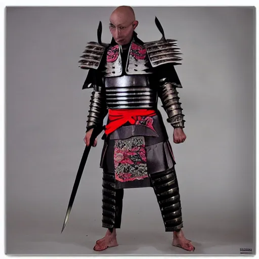 Image similar to samurai armor worn by hairless sphynx cat