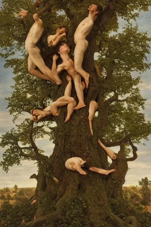 Image similar to beautiful clean oil painting of gentlemans falling from the giant tree by dino valls, detailed, stunning, realistic