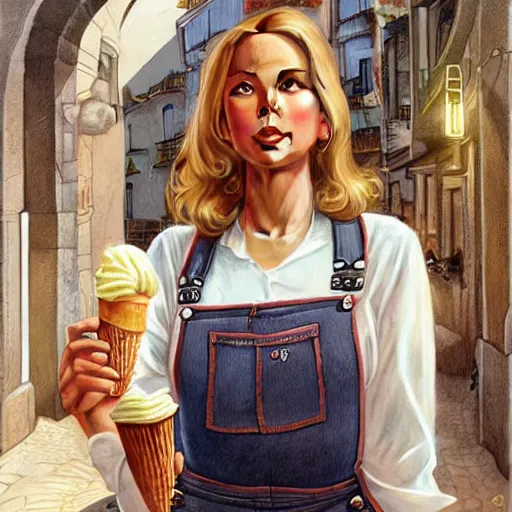 Image similar to portrait of a blonde fuller figured barbara bach from the bond film wearing dungarees and eating ice creams in porto, real life skin, intricate, elegant, highly detailed, artstation, concept art, smooth, sharp focus, art by artgerm and greg rutkowski and alphonse mucha