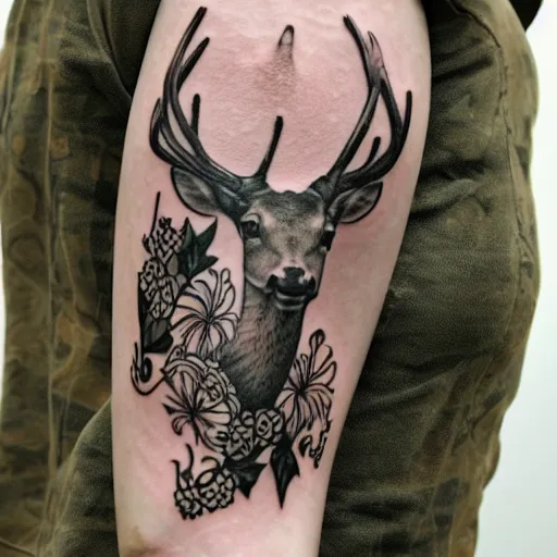 Prompt: wide view of photorealistic tattoo of a deer skull with flowers and vines, organic, fine drawing, thin strokes made by dmitriy samohin and khail aitken