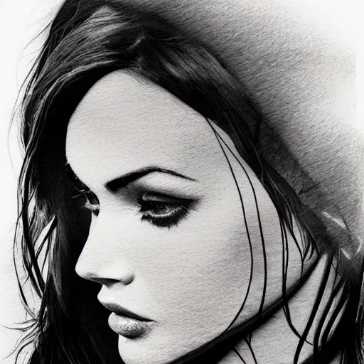 Image similar to hyper realism tattoo sketch of megan fox face professional double exposure art with beautiful mountain scenery, in the style of matteo pasqualin, amazing detail, sharp, faded