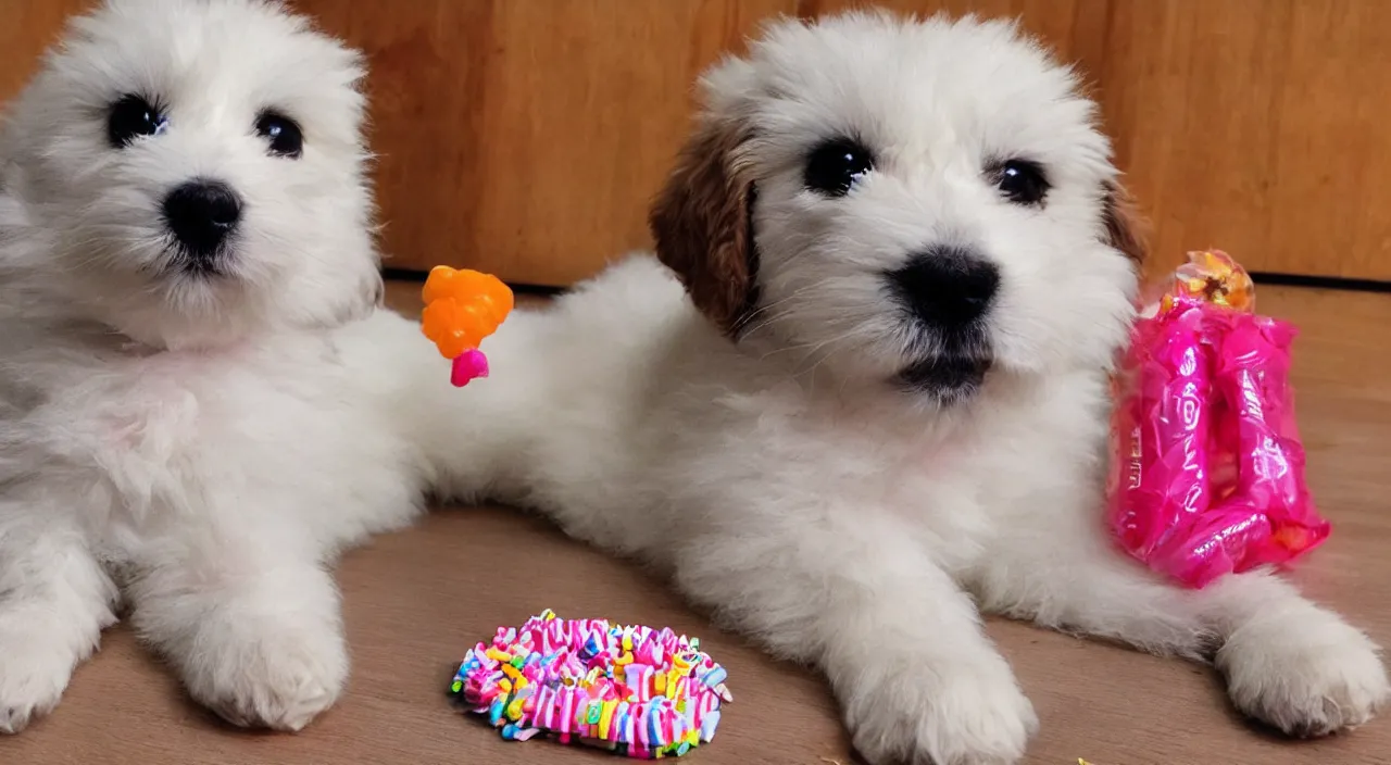 Prompt: cute fluffy puppy made of candy