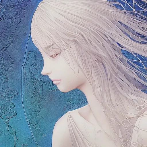 Image similar to “a delicate renaissance marble sculpture covered with water veil, highly detailed transparent marble cloth, a beautiful girl with long black hair in, island background, intricate, highly detailed, digital painting, artstation, official media, anime key visual, concept art, rich vivid colors, ambient lighting, sharp focus, illustration, art by Artgerm, Makoto Shinkai, Ilya Kuvshinov, Lois Van Baarle, and Rossdraws, gi, global illumination, physically based rendering, photorealistic, top light , dark background”