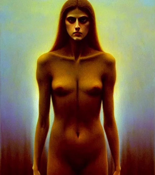 Prompt: A beautiful portrait of Alexandra Daddario, painting by Zdzisław Beksiński, utopian realism, formalism, doomsday