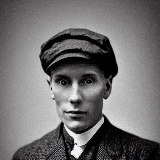 Image similar to A photograph portrait of Jerma985 wearing a newsboy cap in the early 1900s, taken in the early 1900s, grainy, taken on a early 1900s Kodak Camera, realistic, hyperrealistic, very realistic, highly detailed, very detailed, extremely detailed, detailed, digital art, trending on artstation