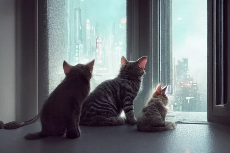 Image similar to Big european shorthair cat and small fluffy kitten from the back in the apartment room looking to window in a cyberpunk city, soft god rays from city lights outside the window, unreal engine 5, soft neon atmosphere, photorealistic, soothing colors, somber melancholic matte painting, hyperrealism, hyperrealistic, cinematic masterpiece, cyberpunk style 8k ultrahd octane render