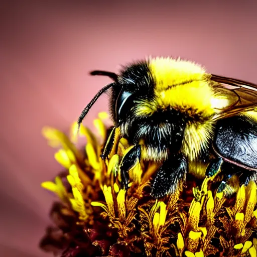 Image similar to bumblebee on flower macro shot, real photo, photography, bokeh, ultra detailed