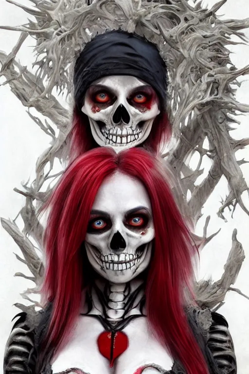 Image similar to skeleton black bones!!, covered with blood, jessica nigri face!!, highly detailed face, long red hair, beautiful blue eyes, ultra realistic, concept art, intricate details, photorealistic, octane render, 8 k, unreal engine. retro film still, heavy grain, 3 5 mm, art by artgerm and greg rutkowski and alphonse mucha