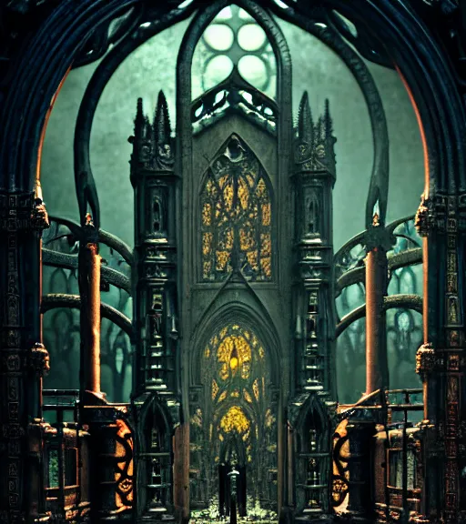 Image similar to steam necropolis, memento mori, gothic, neo - gothic, art nouveau, hyperdetailed copper patina medieval icon, stefan morrell, philippe druillet, ralph mcquarrie, concept art, steampunk, unreal engine, detailed intricate environment, octane render, moody atmospherics, volumetric lighting, ultrasharp, ominous, otherworldly