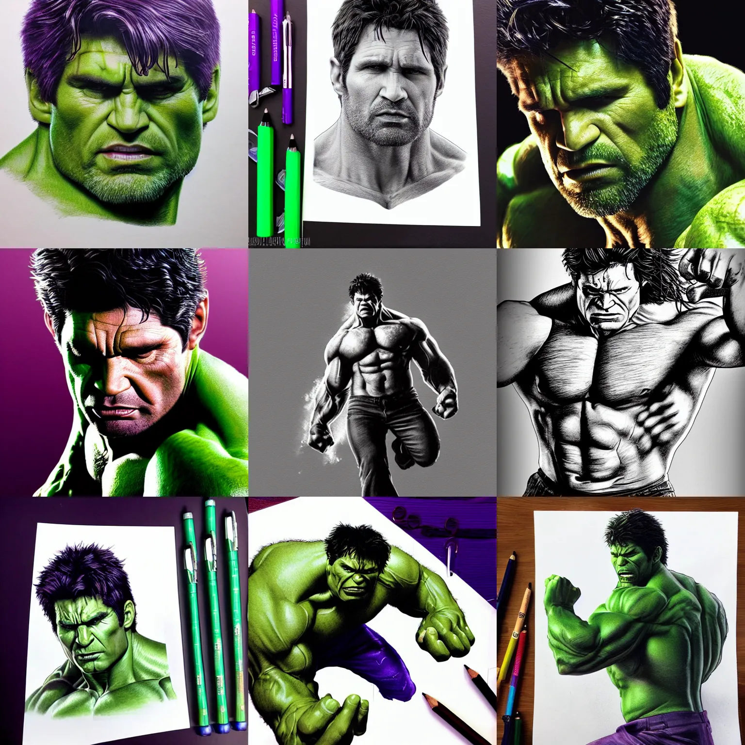 Prompt: ultra realistic detailed pen drawing of the incredible hulk, eric bana, marvel cinematic universe, dramatic lighting, fine texture, fine hair strands, green skin, purple trousers, ripped clothing, dramatic pose, sun rays, photo realism