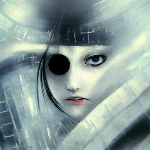 Prompt: Yoshitaka Amano blurred and dreamy illustration of an anime girl with a pirate eye patch, wavy white hair and cracks on her face wearing elden ring armour with the cape fluttering in the wind, abstract black and white patterns on the background, noisy film grain effect, highly detailed, Renaissance oil painting, weird portrait angle