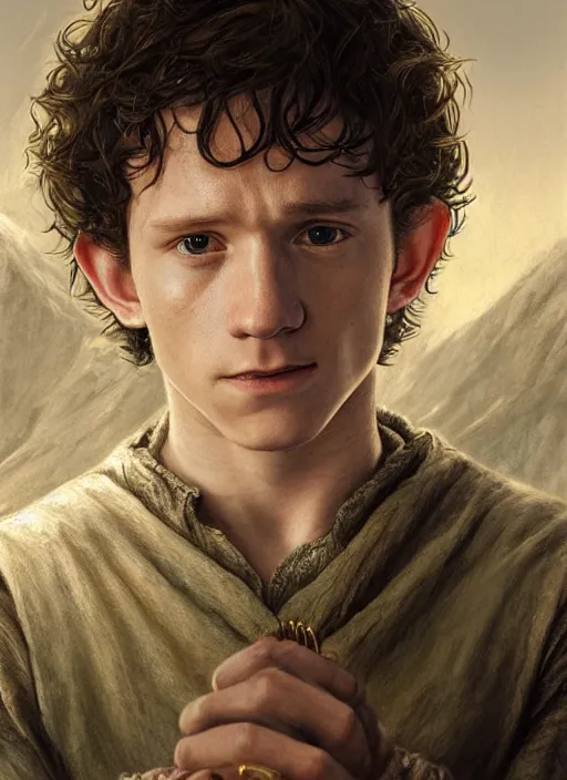 Image similar to portrait of tom holland as frodo, hobbit wearing a gold ring with engravings on his finger, by alan lee, lord of the rings, smooth, detailed terrain, oil painting, matte painting, concept art, trending on artstation, promotional artwork, film still, elegant, photorealistic facial features, intricate, detailed face, cinematic lighting