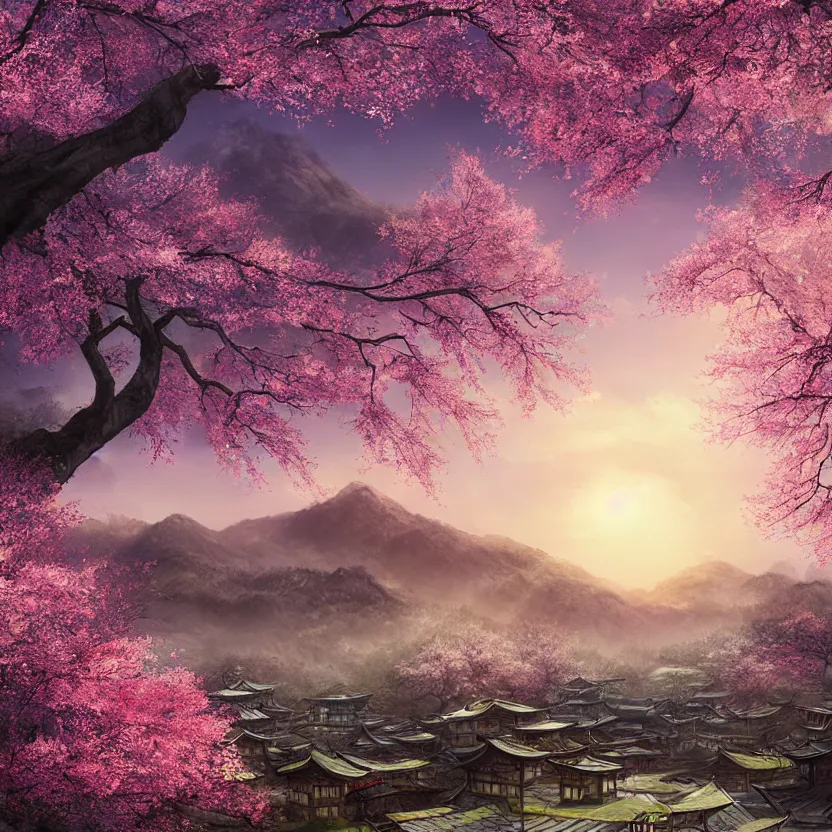 Image similar to old empty samurai city surrounded by sakura trees, beautiful valley and mountains with forest, sunrise matte painting, digital art, artistation