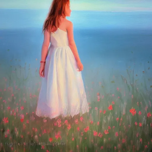 Image similar to an influencer girl portrait in long white dress, sunset, flowers, ocean in distance, oil painting, pale colors, high detail, 8 k, wide angle, trending on artstation,