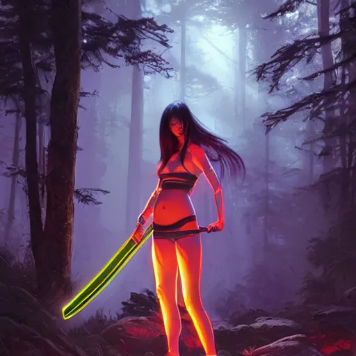 Image similar to woman with neon katana in a forest at night, highly detailed, professional digital painting, Unreal Engine 5, Photorealism, HD quality, 8k resolution, cinema 4d, 3D, cinematic, professional photography, art by artgerm and greg rutkowski and alphonse mucha and loish and WLOP