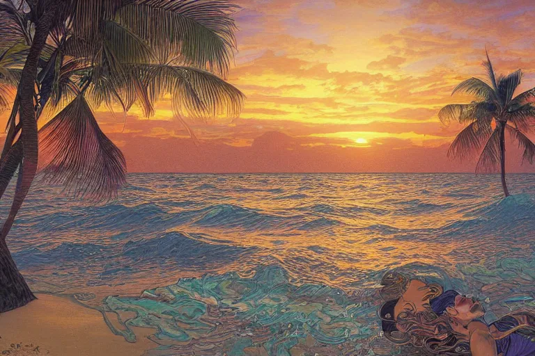 Prompt: a beautifully detailed painting of a caribean tropical shoreline, tranquil waters, sunset, hyperdetailed, worth1000.com, by Dan Mumford, by Alphonse Mucha, artgerm, cgsociety, serenity