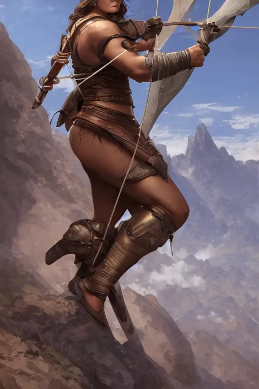 Prompt: full - body matte portrait of a voluptuous female archer in a heroic pose at the top of a mountain holding a silver greatbow, tied leather armor, by artgerm, andreas rocha, greg rutkowski, mucha, sharp edges. ultra clear detailed. 8 k. elegant. octane render