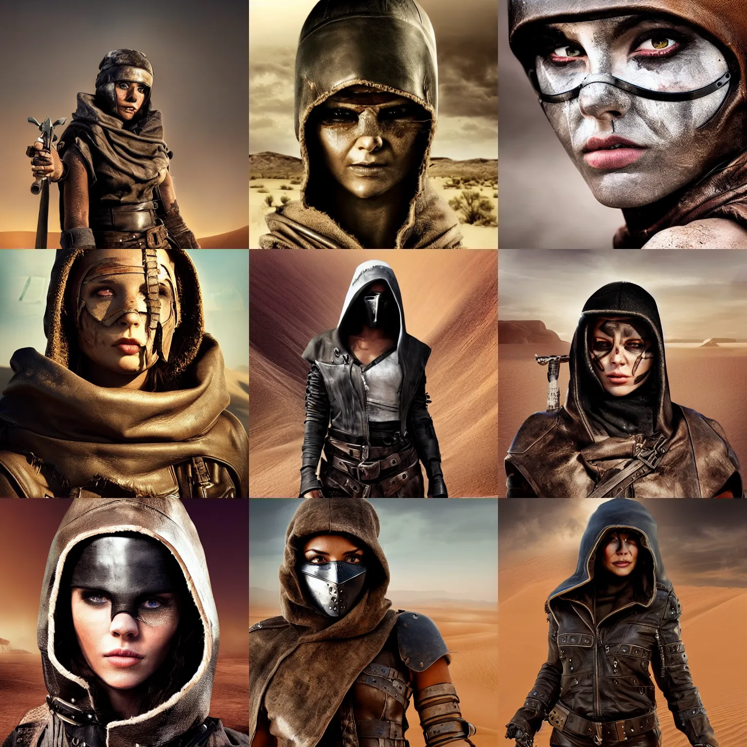 Prompt: female raider wearing a leather duster in the middle of a desert, face covered by a hood, Mad Max, stunning portrait headshot, very very beautiful, award-winning scifi digital art