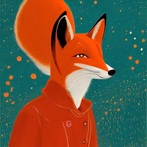 Prompt: little girl dressed as a fox on the prowl oil painting victo ngai