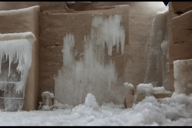 Image similar to a very windy and cold place, everything is made out of ice, ancient egypt, snowing, cinematic lighting