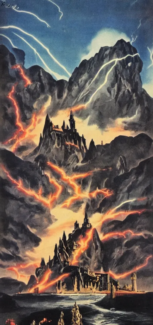 Image similar to black fantasy castle in a montain with lightning bolts in 1940s propaganda poster