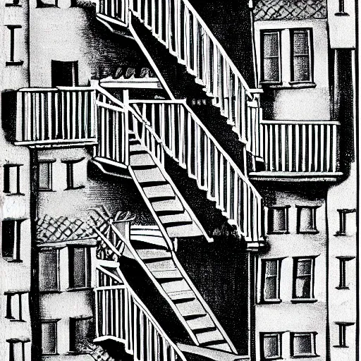 Prompt: an mc escher painting of stairways except the stairways are squatting slavs in track suits