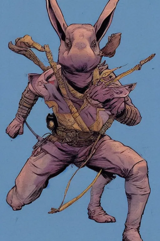 Image similar to awesome rabbit dressed as a ninja. concept art by James Gurney and Mœbius.