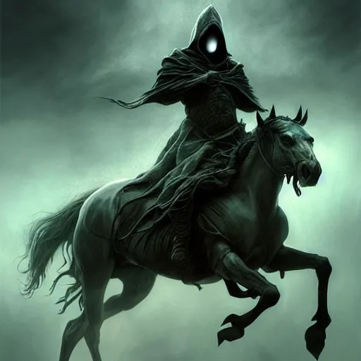 Image similar to concept art by artgerm, pestilence of the four horsemen of the apocalypse, soft green natural light, intricate, hooded death riding a horse, highly detailed dark art, digital painting, artstation, concept art, smooth, sharp focus, illustration, art by greg rutkowski and luis rollo and uang guangjian and gil elvgren, symmetry!