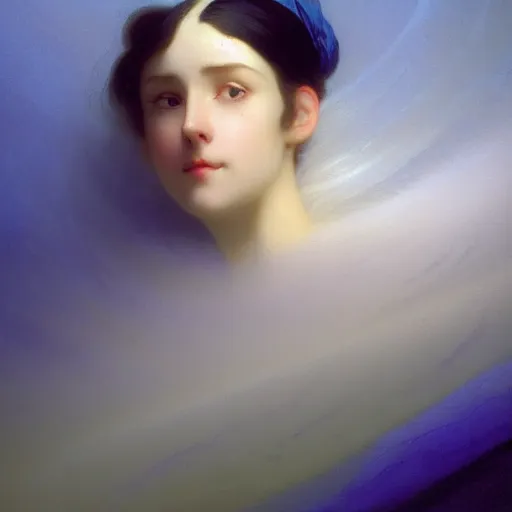 Image similar to a young woman's face, her hair is white and she wears an indigo satin cloak, by ivan aivazovsky and syd mead and moebius and gaston bussiere and roger dean and pieter claesz and paul delaroche and alma tadema and aelbert cuyp and willem claesz, hyperrealistic, volumetric light, octane render