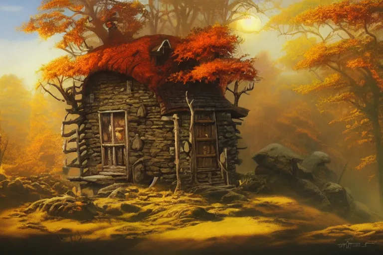 Image similar to morning autumn lonely cabin by rodney matthews, frank frazetta, trending on artstation.