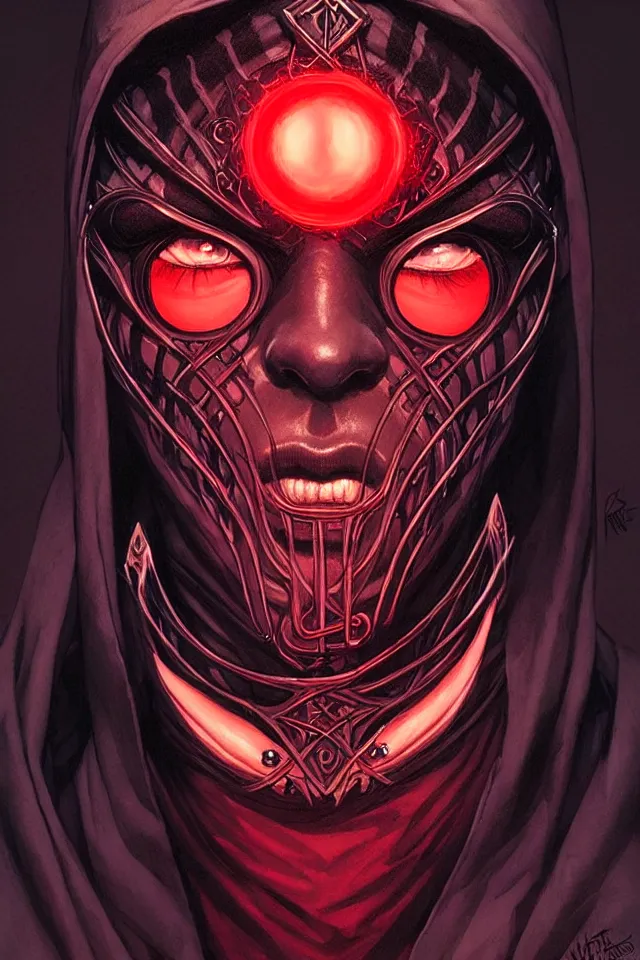 Image similar to a striking portrait of a pitch black masked eldritch shaman with sinister red eyes by moebius and ross tran and artgerm deta