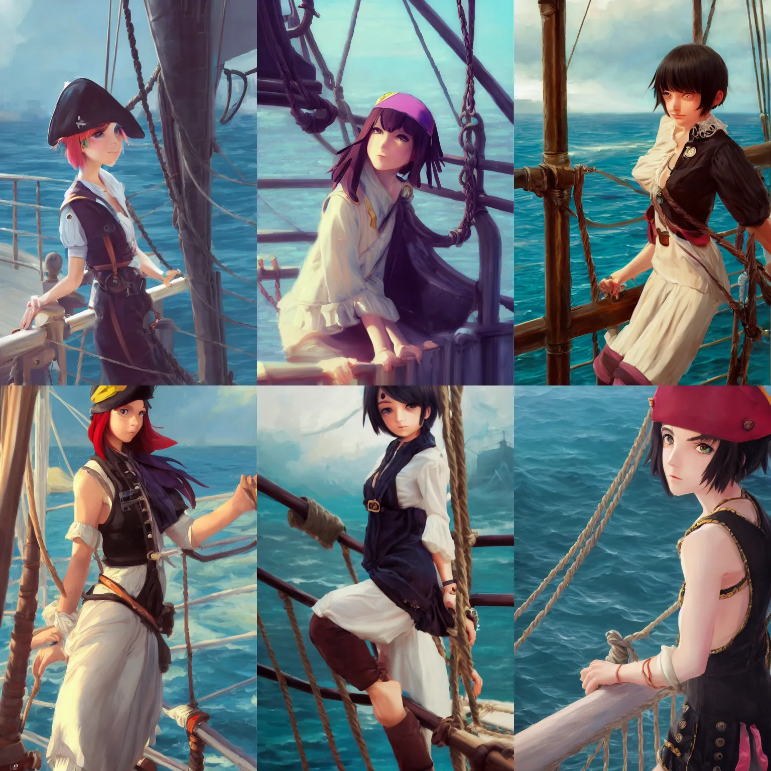 Prompt: a portrait of a cute female pirate with black bob cut hair leaning against the railing of an sailing ship, pirate setting, sails, ocean, mist, vivid colors, soft lighting, atmospheric, cinematic, moody, in the style of Ilya Kuvshinov and Range Murata, Krenz Cushart, oil on canvas, 8k