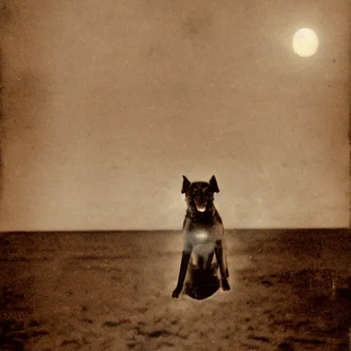 Image similar to an early 1 9 0 0 s photograph of a luminescent black dog levitating high over the beach, magical orbs, moonlight, nighttime