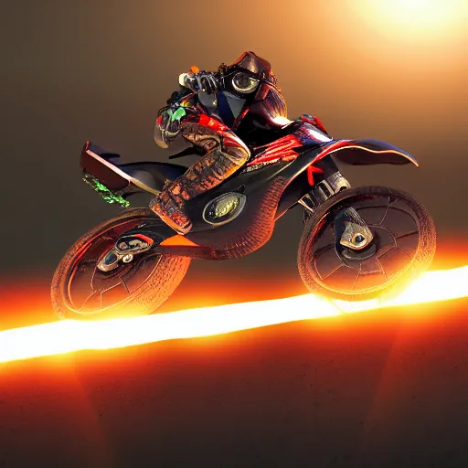 Image similar to a cyberpunk motocross cycle, sunset, 8 k, trending on artstation, exciting, action shot, total shot