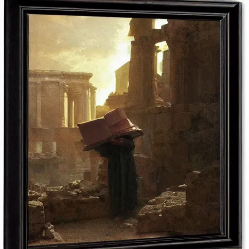 Image similar to half portait of magican wearing a cowl with big old book!, jeremy mann, jean leon gerome, tiepolo, alphonse mucha, greg rutkowski, face in the shadows, ( ( ruins of ancient rome ) ), at dusk, mysterious atmosphere, sunrays, dof, masterpiece, high detailed, 8 k