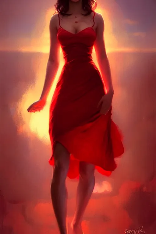 Image similar to dreamy girl character with perfect body in a nice red dress, magic vibe, perfect lighting. professional design. great composition, illustration, highly detailed, digital painting, concept art, trending on artstation, by greg rutkowski, james ensor, artwork