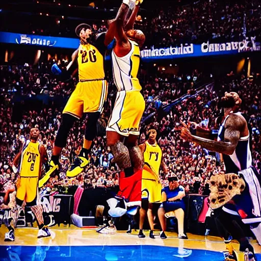 Prompt: a cheetah dunking on lebron james, high definition, very detailed, photorealistic, sports photography,