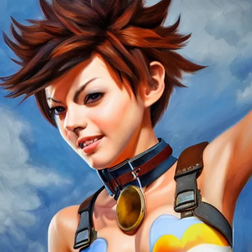 Image similar to oil painting of tracer overwatch in a field wearing large leather belt choker collar around neck, in style of mark arian, expressive face, detailed face, detailed eyes, full body, feminine face, tracer overwatch,