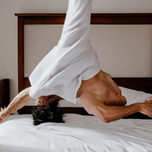 Prompt: a man in pijama doing a belly flop on a bed