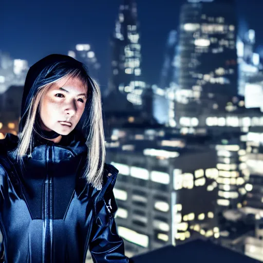 Prompt: photographic portrait of a techwear woman, closeup, on the rooftop of a futuristic city at night, sigma 8 5 mm f / 1. 4, 4 k, depth of field, high resolution, 4 k, 8 k, hd, full color