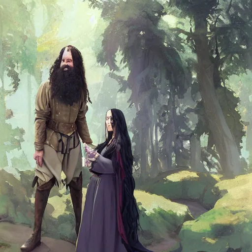 Image similar to hagrid the viking and gothic medieval morticia addams walking in enchanted forest in a sunny day, jodhpurs greg manchess painting by sargent and leyendecker, studio ghibli fantasy medium shot asymmetrical intricate elegant matte painting illustration hearthstone, by greg rutkowski by greg tocchini by james gilleard