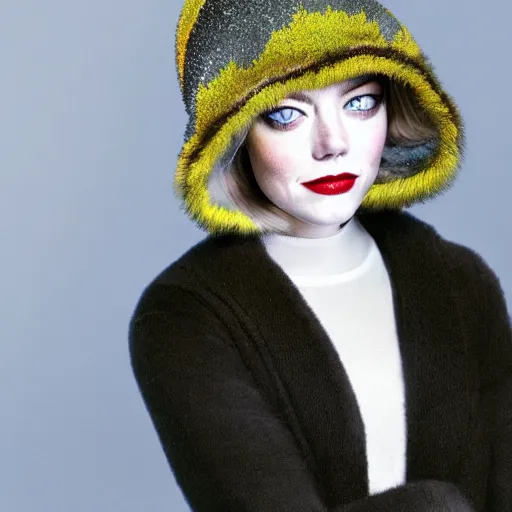 Prompt: closeup portrait of emma stone wearing ushanka, winter, painted by ron arad and steve argyle, blonde hair, cinematic