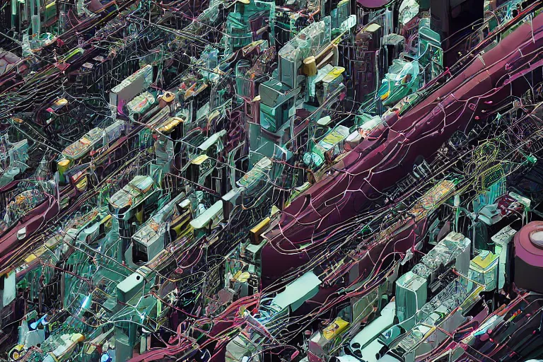 Image similar to an extremely beautiful cyberpunk illustration of parts of female androids' bodies scattered across an empty white background with cables and wires coming out, by katsuhiro otomo and masamune shirow, hyper-detailed, colorful, bird view